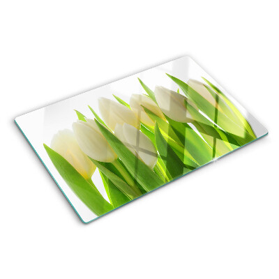 Planche à découper verre Tulipes sur fond de feuilles vertes