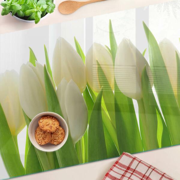 Planche à découper verre Tulipes sur fond de feuilles vertes