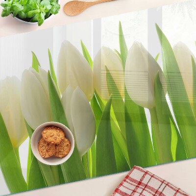 Planche à découper verre Tulipes sur fond de feuilles vertes