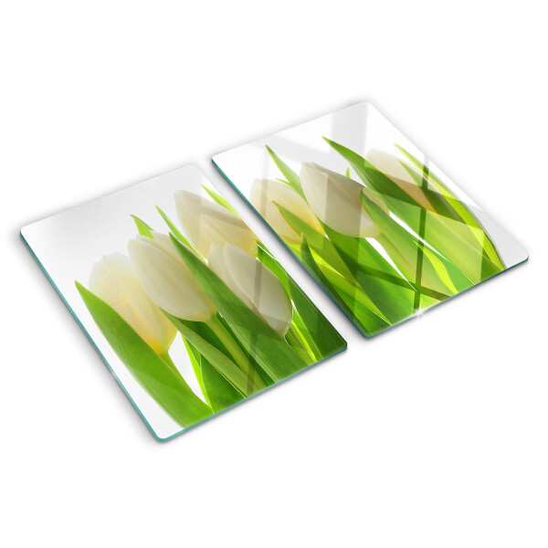 Planche à découper verre Tulipes sur fond de feuilles vertes