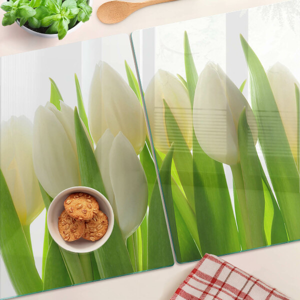 Planche à découper verre Tulipes sur fond de feuilles vertes