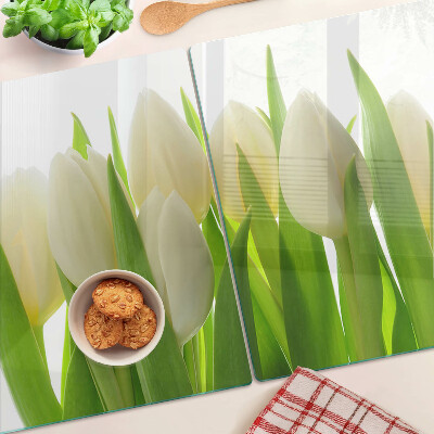 Planche à découper verre Tulipes sur fond de feuilles vertes