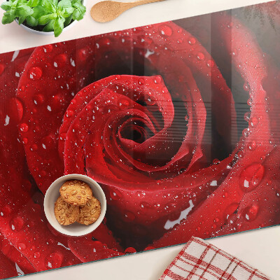 Planche à découper en verre Rose rouge avec des gouttes d'eau
