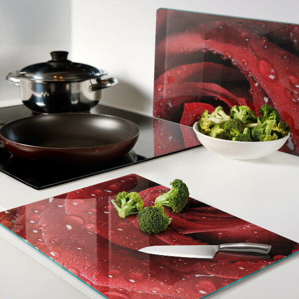 Planche à découper en verre Rose rouge avec des gouttes d'eau