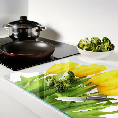 Planche à découper en verre Tulipes jaunes sur fond vert