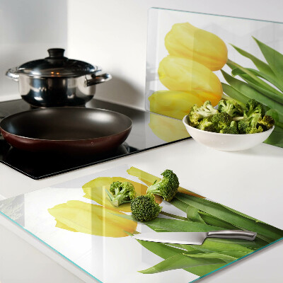 Planche à découper en verre Tulipes jaunes sur fond vert