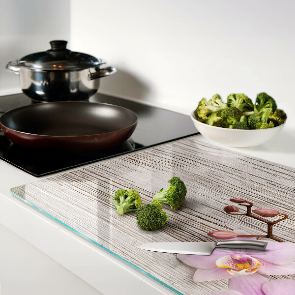 Planche à découper verre Orchidées sur fond de bois