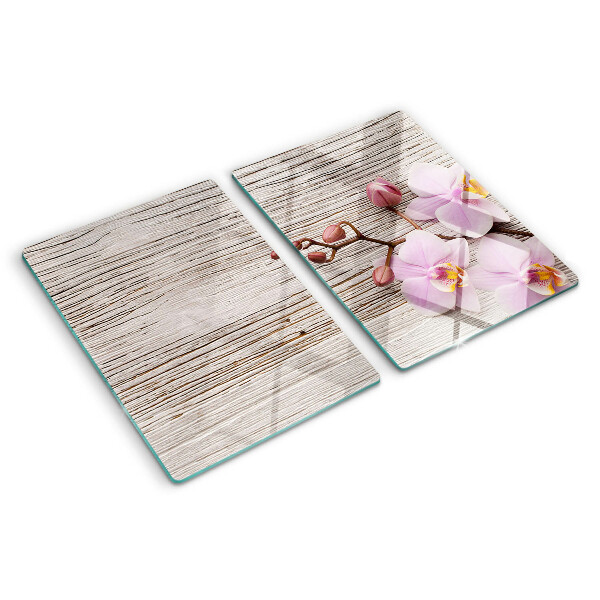Planche à découper verre Orchidées sur fond de bois