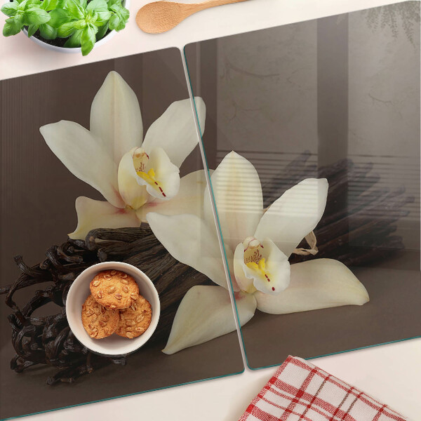 Planche à découper en verre Orchidées et gousses de vanille