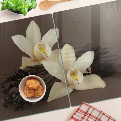 Planche à découper en verre Orchidées et gousses de vanille