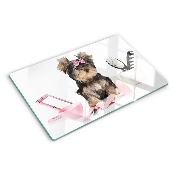 Planche à découper verre Yorkshire Terrier avec accessoires de toilettage