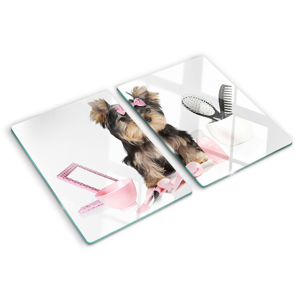 Planche à découper verre Yorkshire Terrier avec accessoires de toilettage
