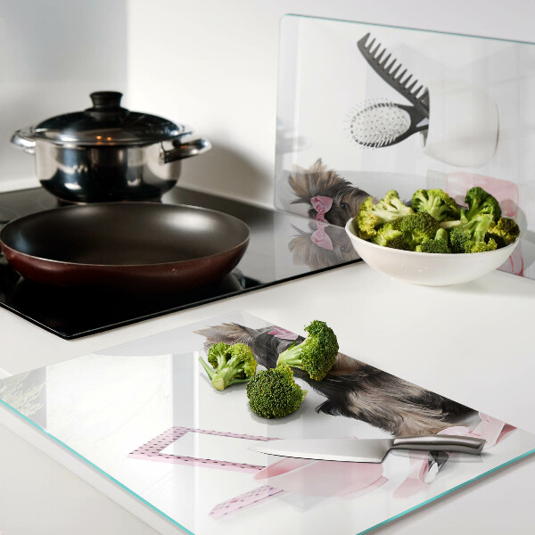 Planche à découper verre Yorkshire Terrier avec accessoires de toilettage
