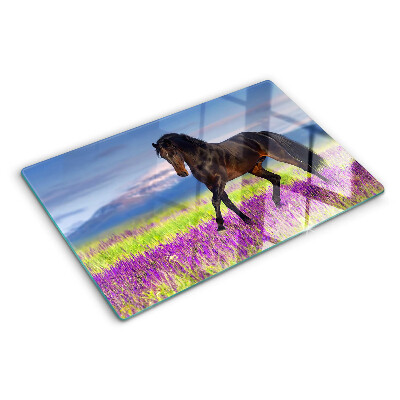 Planche à découper en verre Un cheval sur un fond de fleurs violettes