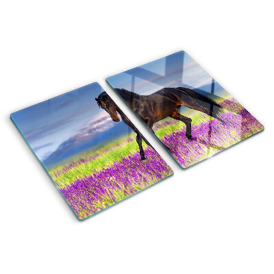 Planche à découper en verre Un cheval sur un fond de fleurs violettes