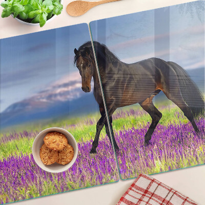 Planche à découper en verre Un cheval sur un fond de fleurs violettes