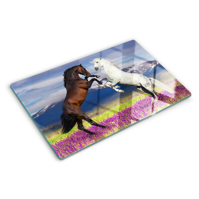 Planche à découper verre Chevaux sur fond de montagnes et de fleurs