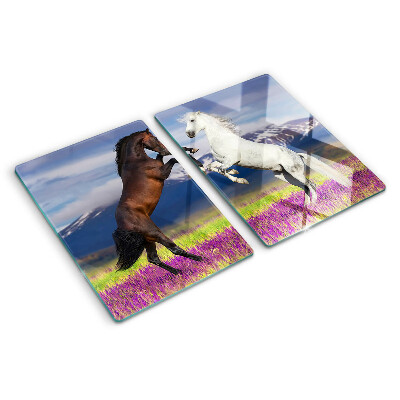 Planche à découper verre Chevaux sur fond de montagnes et de fleurs