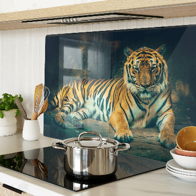 Planche à découper verre Un tigre couché sur les rochers