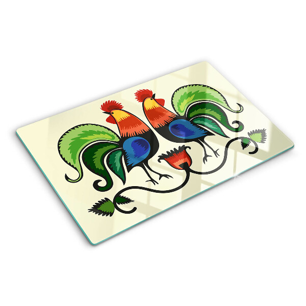 Planche à découper en verre Coqs dans le style folklorique