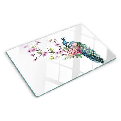 Planche à découper verre Paon avec des fleurs