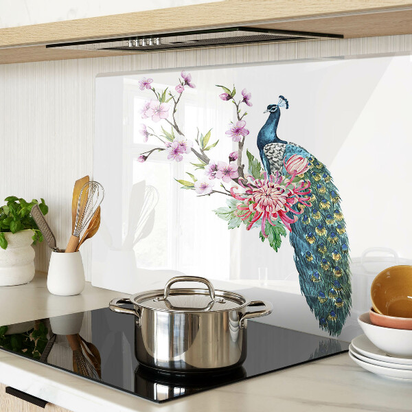 Planche à découper verre Paon avec des fleurs