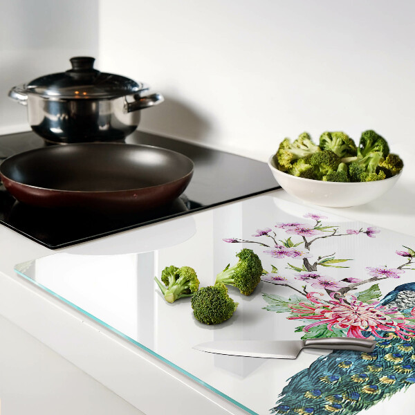 Planche à découper verre Paon avec des fleurs