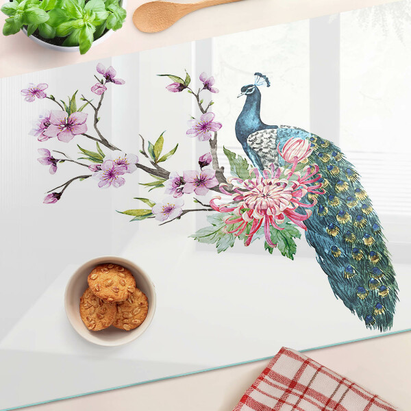 Planche à découper verre Paon avec des fleurs