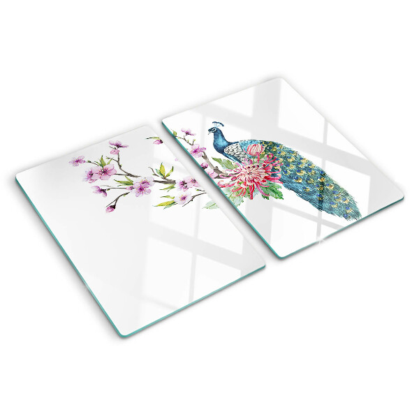 Planche à découper verre Paon avec des fleurs