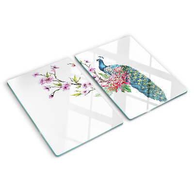 Planche à découper verre Paon avec des fleurs