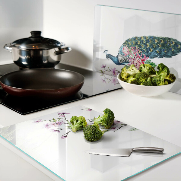 Planche à découper verre Paon avec des fleurs