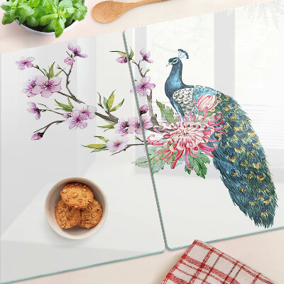 Planche à découper verre Paon avec des fleurs