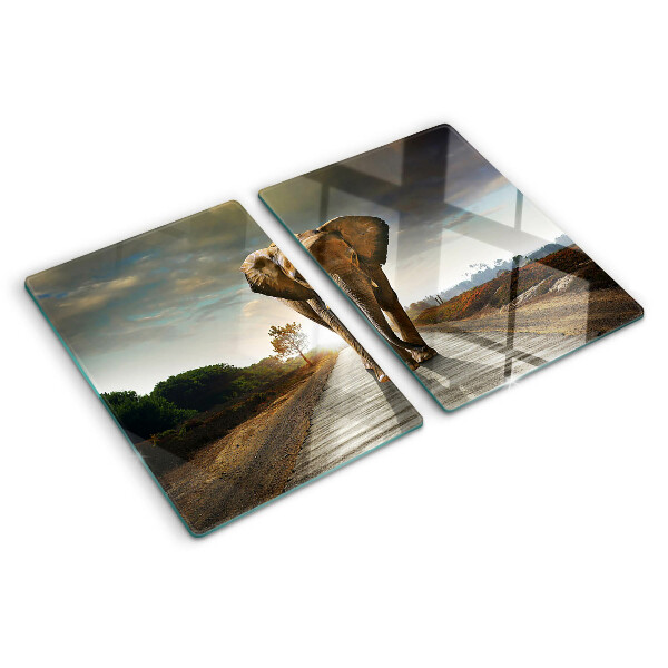Planche à découper en verre Éléphant sur la route au coucher du soleil