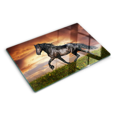 Planche à découper en verre Un cheval sur fond de soleil couchant