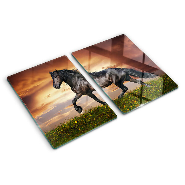 Planche à découper en verre Un cheval sur fond de soleil couchant