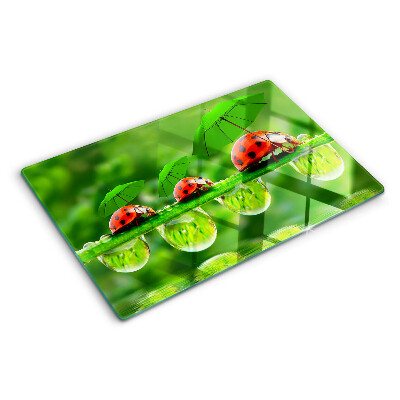 Planche à découper verre Coccinelles sur des feuilles avec des gouttes d'eau