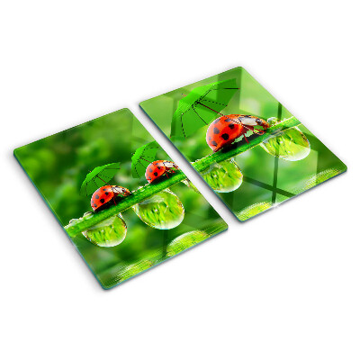 Planche à découper verre Coccinelles sur des feuilles avec des gouttes d'eau