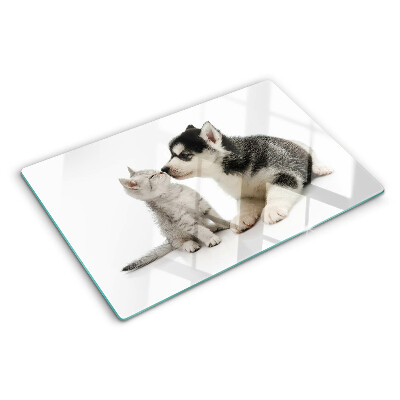 Planche à découper en verre Chaton et chiot en amitié