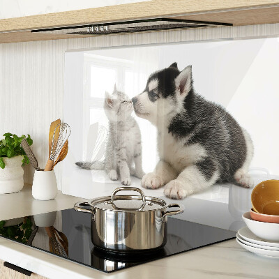 Planche à découper en verre Chaton et chiot en amitié