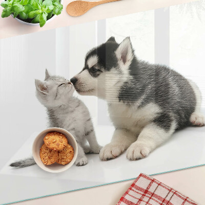 Planche à découper en verre Chaton et chiot en amitié