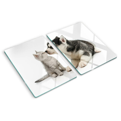 Planche à découper en verre Chaton et chiot en amitié
