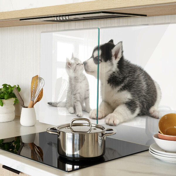 Planche à découper en verre Chaton et chiot en amitié