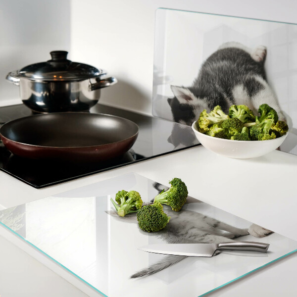 Planche à découper en verre Chaton et chiot en amitié