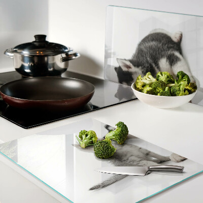 Planche à découper en verre Chaton et chiot en amitié