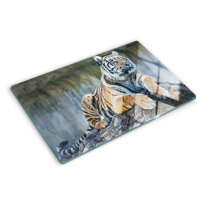 Planche à découper en verre Tigre sur un tronc d'arbre