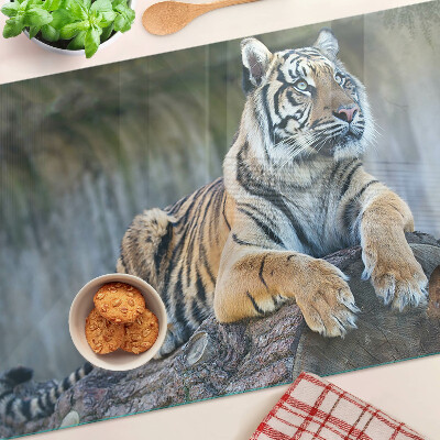 Planche à découper en verre Tigre sur un tronc d'arbre