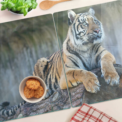 Planche à découper en verre Tigre sur un tronc d'arbre