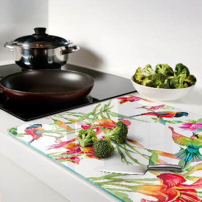 Planche à découper verre Fleurs et oiseaux exotiques