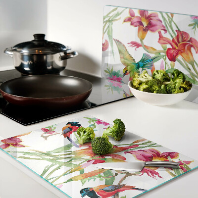 Planche à découper verre Fleurs et oiseaux exotiques