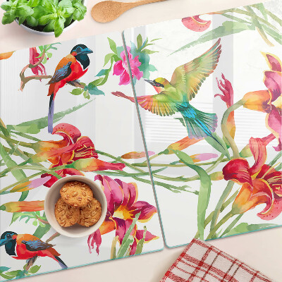 Planche à découper verre Fleurs et oiseaux exotiques